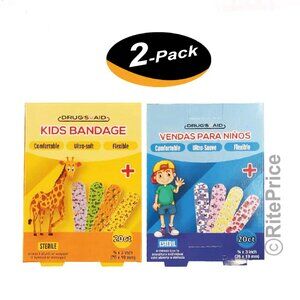 40 Pcs Kids Adhesive Bandages Character Animals, Girls, Boys AST (2 Pack) - New